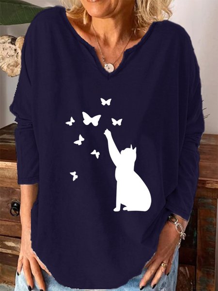 

Cat and butterfly print V-neck long-sleeved top, Deep blue, Hoodies&Sweatshirts