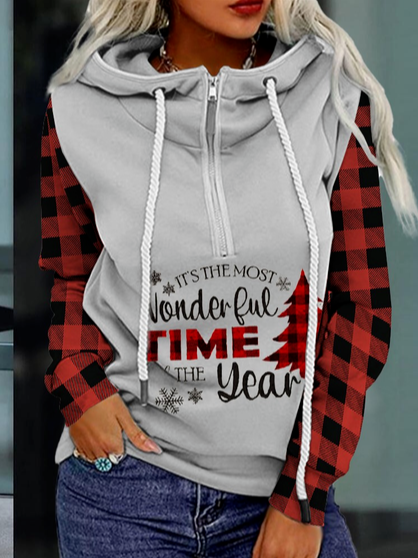 

Christmas Letter Plaid Print Hooded Top, Gray, Sweatshirts & Hoodies