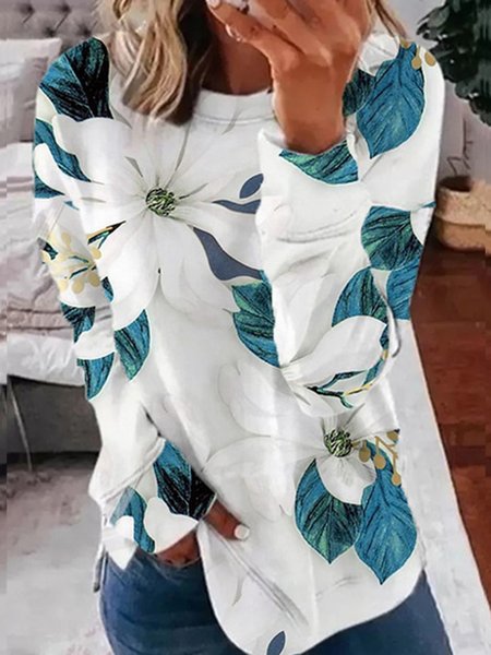 

Floral Casual Loosen Cotton Blends Sweatshirt, White-blue, Hoodies & Sweatshirts