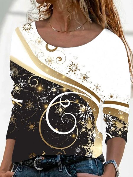 

Boho Crew Neck Cotton Blends Shirts & Tops, Black-white, Tops