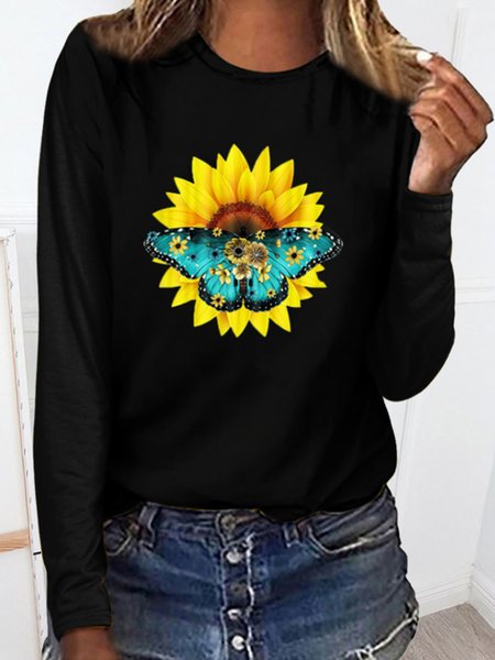 

Crew Neck Casual Shirts & Tops, Black, Long sleeve tops