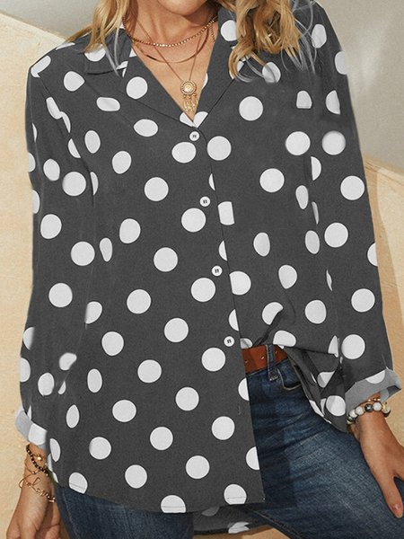 

Polka Dots Shirt Collar Casual Shirts & Tops, Gray, Blouses & Shirts