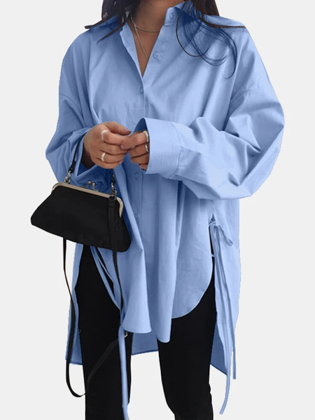 

Colletto a Camicia Tinta unita Allentare Top, Blu, Blouses & Shirts