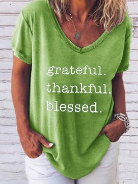 

Thanksgiving text printed V-neck short-sleeved T-shirt, Green, T-shirts