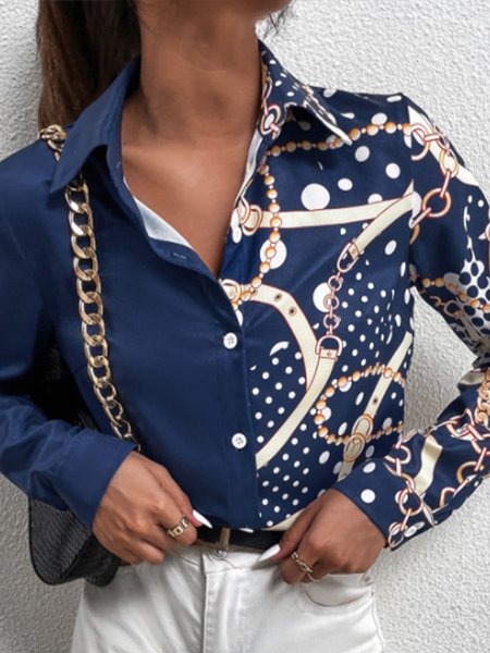 

Elegant Printed Long Sleeve Top, Blue, Blouses and Shirts