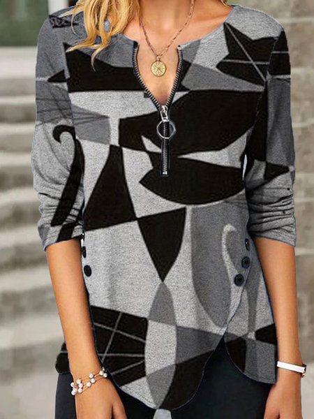 

V Neck Loosen Casual Shirts & Tops, Black, Tops