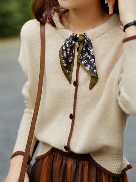 

Crew Neck Casual Solid Pullover, Beige, Pullovers