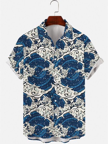 

Mens Japanese Ukiyoe Wave Print Round Hem Loose Short Sleeve Hawaiian Shirts, Blue, Men's Floral shirt