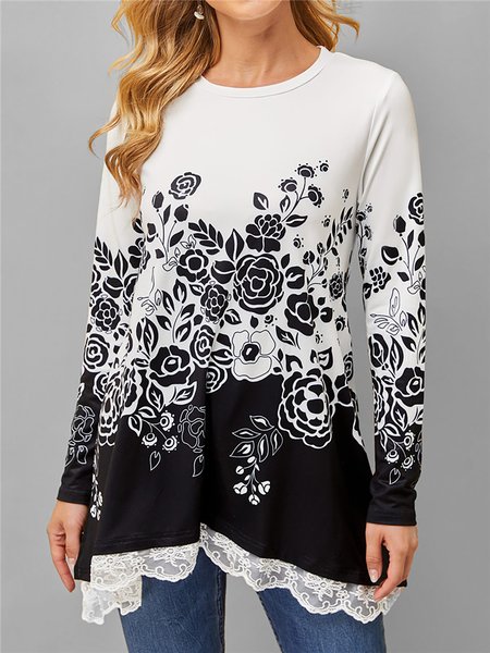 

Lace Pannel Floral Printed Color Block Long Sleeves Loosen Shirts & Tops, White, Tops