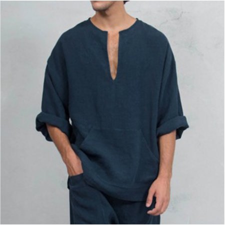 

Linen V Neck Casual Shirts, Navyblue, Shirt