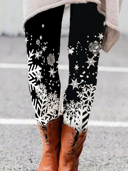 

Casual Cotton Blends Christmas Snowflake Pants, Black, leggings