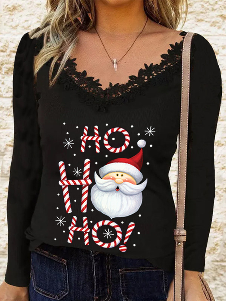 

Christmas Santa Claus V Neck Regular Fit Shirts & Tops, Black, Long sleeve tops