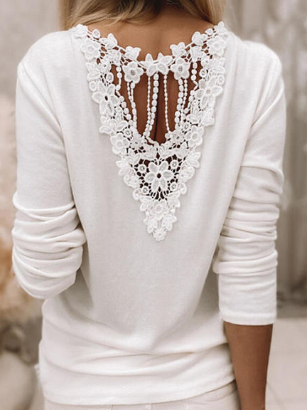 

Lace Crew Neck Casual Plain Shirts & Tops, White, Tees & T-shirts