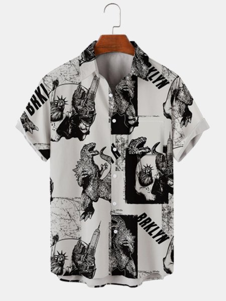 

Short Sleeve Shirt Collar Vintage Shirts & Tops, Black-white, Men's Floral shirt