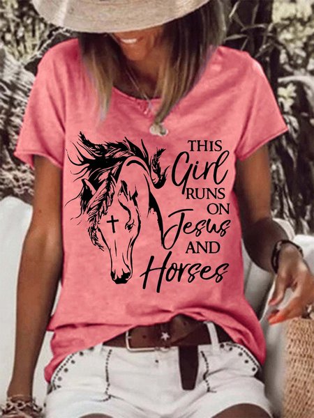 

This Girl Runs On Jesus And Horses Casual T-shirt, Red, T-shirts