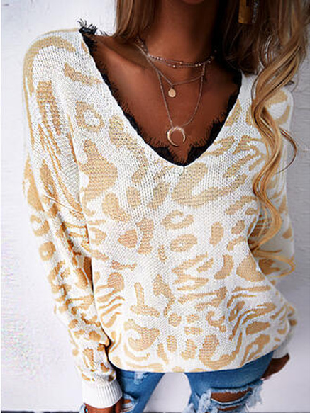 

Acrylic V Neck Leopard Sweater, Light orange, Sweaters