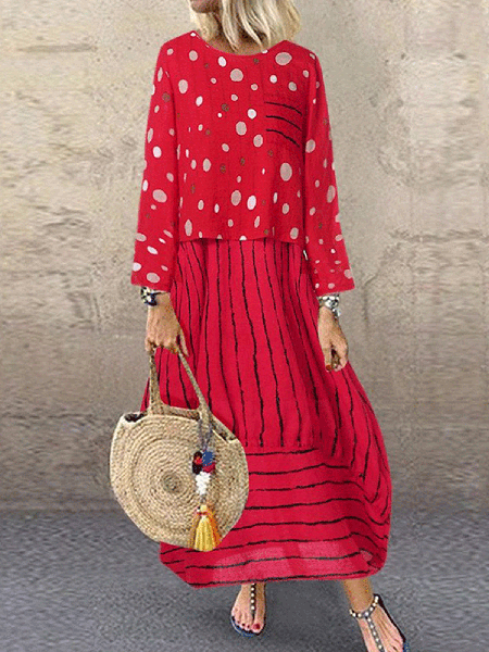 Casuale Girocollo Stampato Abito, Rosso, Maxi Dresses