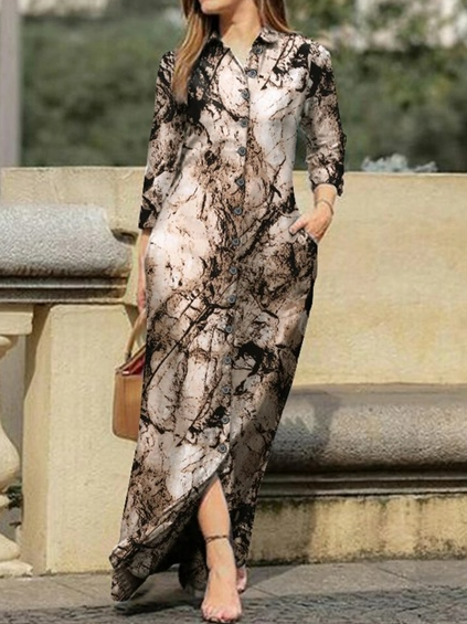 

Vintage Print Pocket Long Sleeve Button Down Shirt Dress, Coffee, Tie dye dress