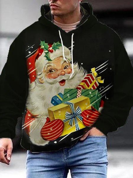 

Christmas Santa Print Long Sleeve Hooded Sweatshirt, Black, Hoodies&Sweatshirts