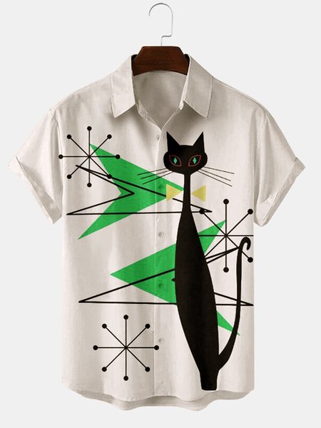 

Casual Shirt Collar Cat Shirts & Tops, Green, Shirts ＆ Blouse