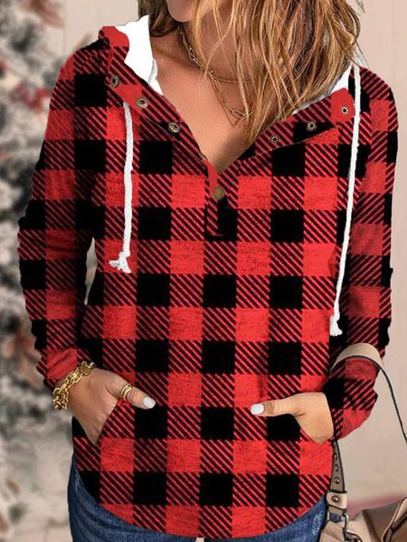 

Checked/Plaid Casual Hooded Sweatshirt, Red, Hoodies & Sweatshirts