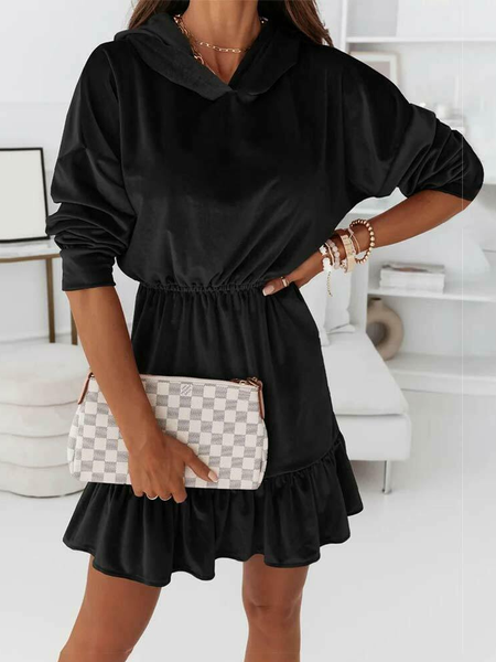 

Casuale Tinta unita cappuccio Abito, Nero, Mini Dresses