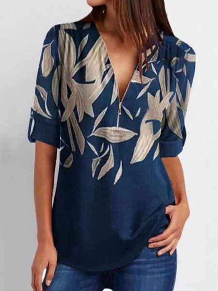 

Casual Floral Shirts & Tops, Navy blue, Long sleeve tops