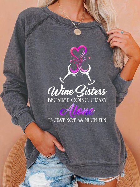 

Fun text printed round neck long-sleeved sweatshirt, Gray, Hoodies&Sweatshirts