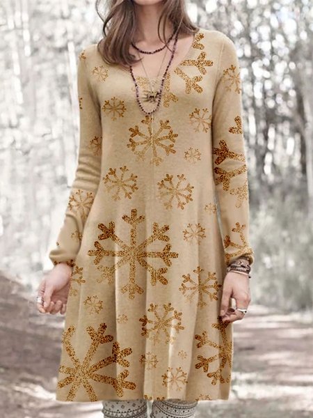 

Fashion Snowflake Print Round Neck Long Sleeve Casual Shift Dresses, Yellow, Casual Dresses