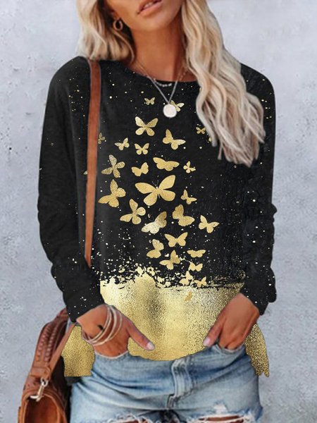 

Butterfly Printed Round Neck Casual Loosen Shirts & Tops, Black, Tops