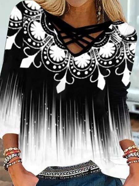 

Color-block Ombre Geometric Pattern Long Sleeves V Neck Plus Size Casual Tops, Black-white, T-Shirts