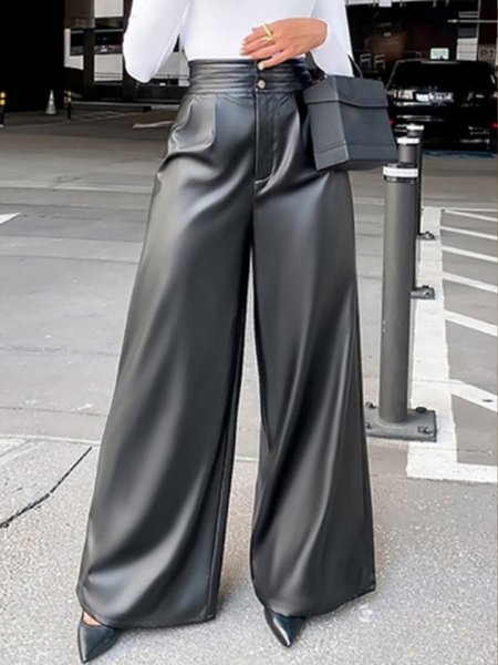 

Elegant Solid Leather Wide Leg Pants, Black, Wide Leg Pants