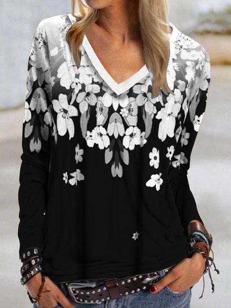 

Long sleeve V-neck geometric Vintage plant flower print top T-shirt women, Black, Long sleeve tops