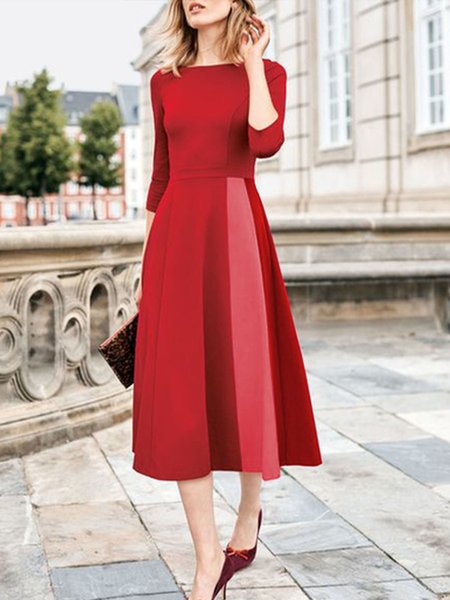 

Regular Fit Elegant Crew Neck Midi Dress, Red, Midi Dresses