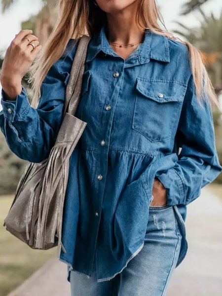 

Shirt Collar Casual Shirts & Tops, Blue, Shirts & Blouses