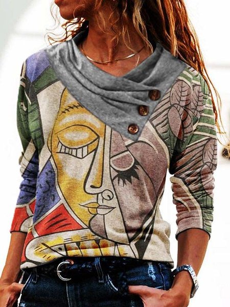 

Casual Abstract Cowl Neck Shirts & Tops, Multicolor, Long sleeve tops