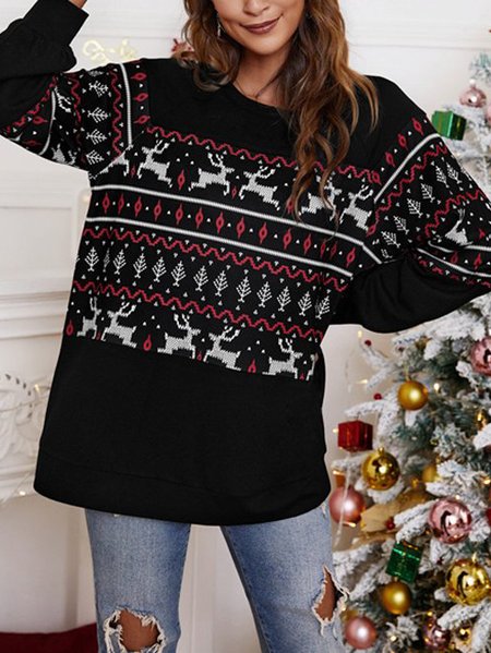 Christmas Printed Off Shoulder Loosen Crew Neck Sweatshirt, Black, Sweatshirts & Hoodies