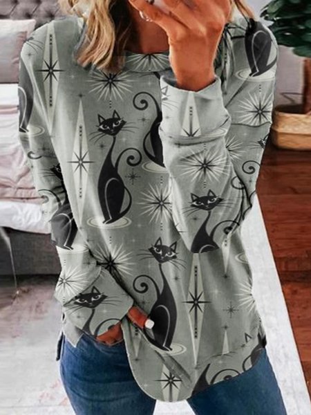 

Gatti Stampato Allentare Girocollo Casuale Felpa, Grigio, Hoodies & Sweatshirts