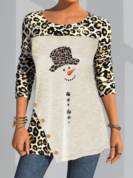 

Christmas Snowman Regular Fit Leopard Buttoned T-shirt, Apricot, Tunics