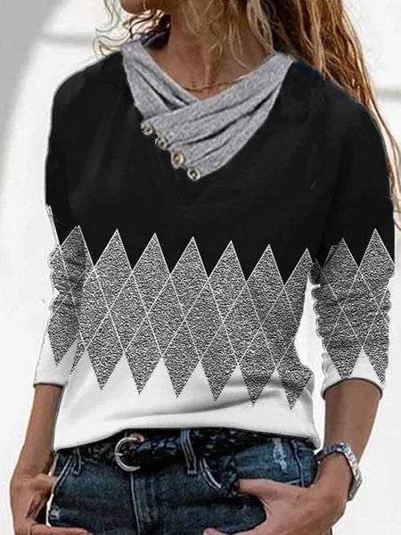 

Printed Long Sleeve Cowl Neck Casual Shirts & Tops, Black, T-Shirts