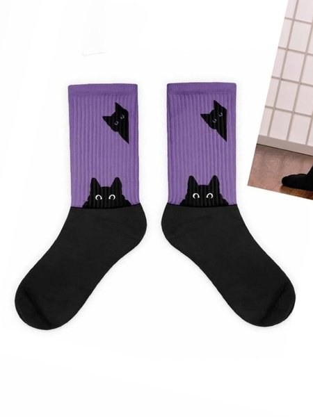 

Black Cat Head Color Matching Casual Socks, As picture, Socks