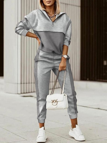 

Sporty Long Sleeve Loosen Suit, Gray, Two-piece Set