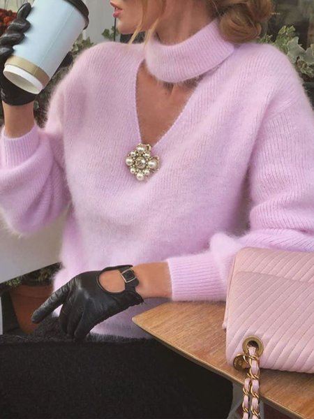 

Vintage Sweet Long sleeve Simple Elegant Sweater, Pink, Pullovers