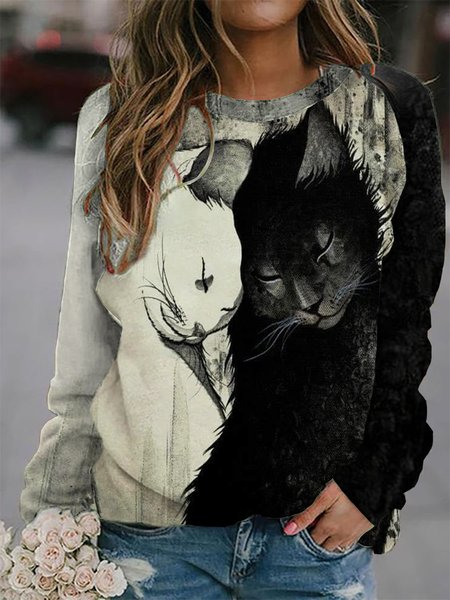 

Cat Casual Crew Neck Color Block Sweatshirt, Black-white, Hoodies & Sweatshirts