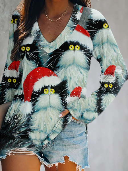 

Plus size V Neck Cat Printed Casual Shirts & Tops, Multicolor, T-Shirts