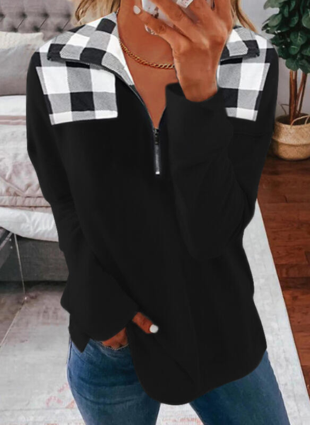 

Checked/Plaid Cotton Blends V Neck Casual Sweatshirt, Black, Hoodies & Sweatshirts