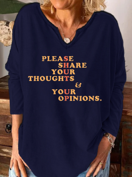 

Funny text print notched neck long sleeve shirt, Purplish blue, Hoodies&Sweatshirts