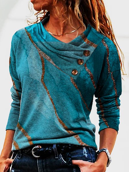 

JFN Asymmetrical Cowl Neck Abstract T-Shirt/Tee, Blue, Tops