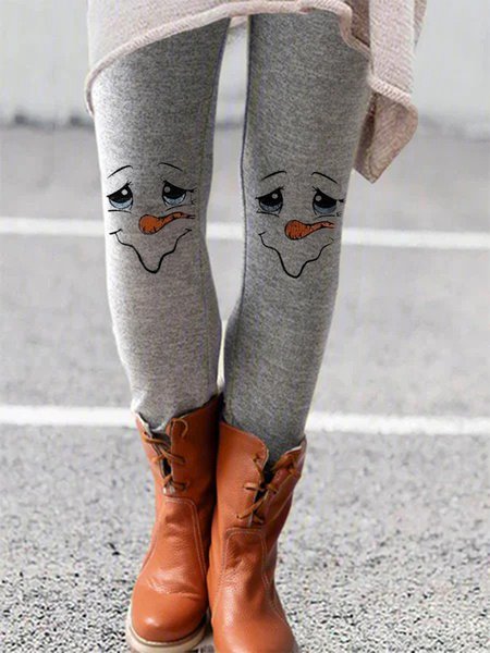 

Christmas Snowman Printed Plus Size Casual Leggings, Gray, Leggings