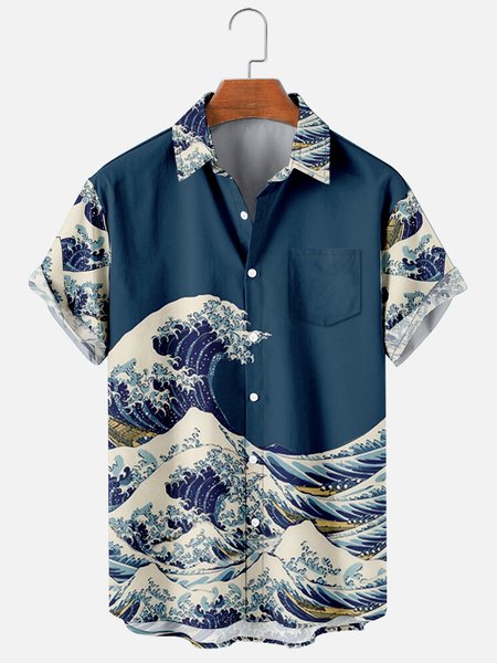 

Short Sleeve Casual Shirt Collar Shirts & Tops, Cyan, Men's Floral shirt